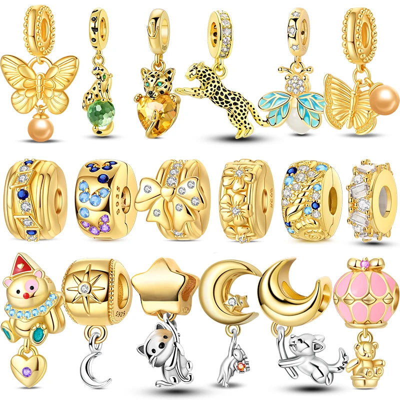 Original Charms Beads 925 Sterling Silver Golden Leopard Firefly Butterfly Hot Air Balloon Beads Fit DIY Bracelet Fine Jewelry