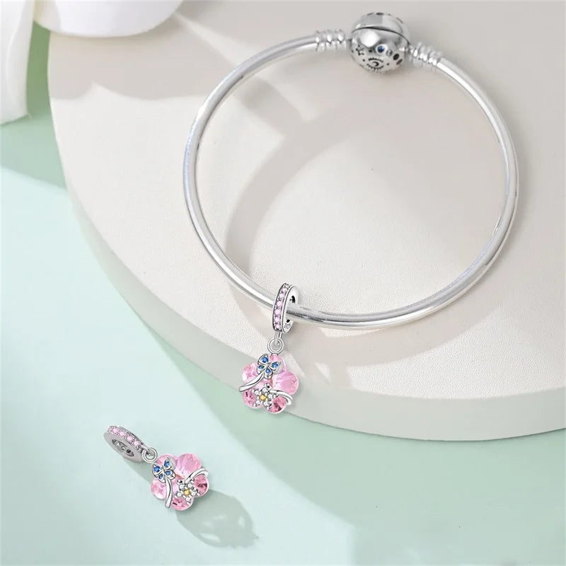 100% 925 Sterling Silver Glowing Planet Zircon Flower Fairy Four Leaf Clover Charms Bead Fit Original Bracelets DIY Jewelry Gift