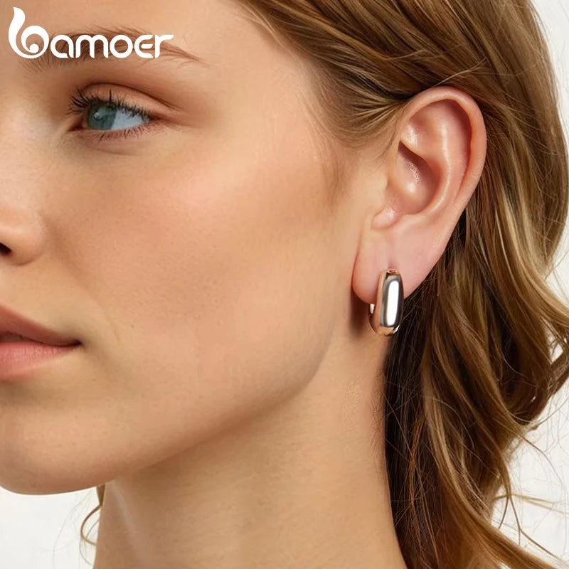 BAMOER 18K Gold Plated 925 Sterling Silver Post Glossy Hoop Earrings, High Polished Trendy Fashion Statement Jewelry for Women
