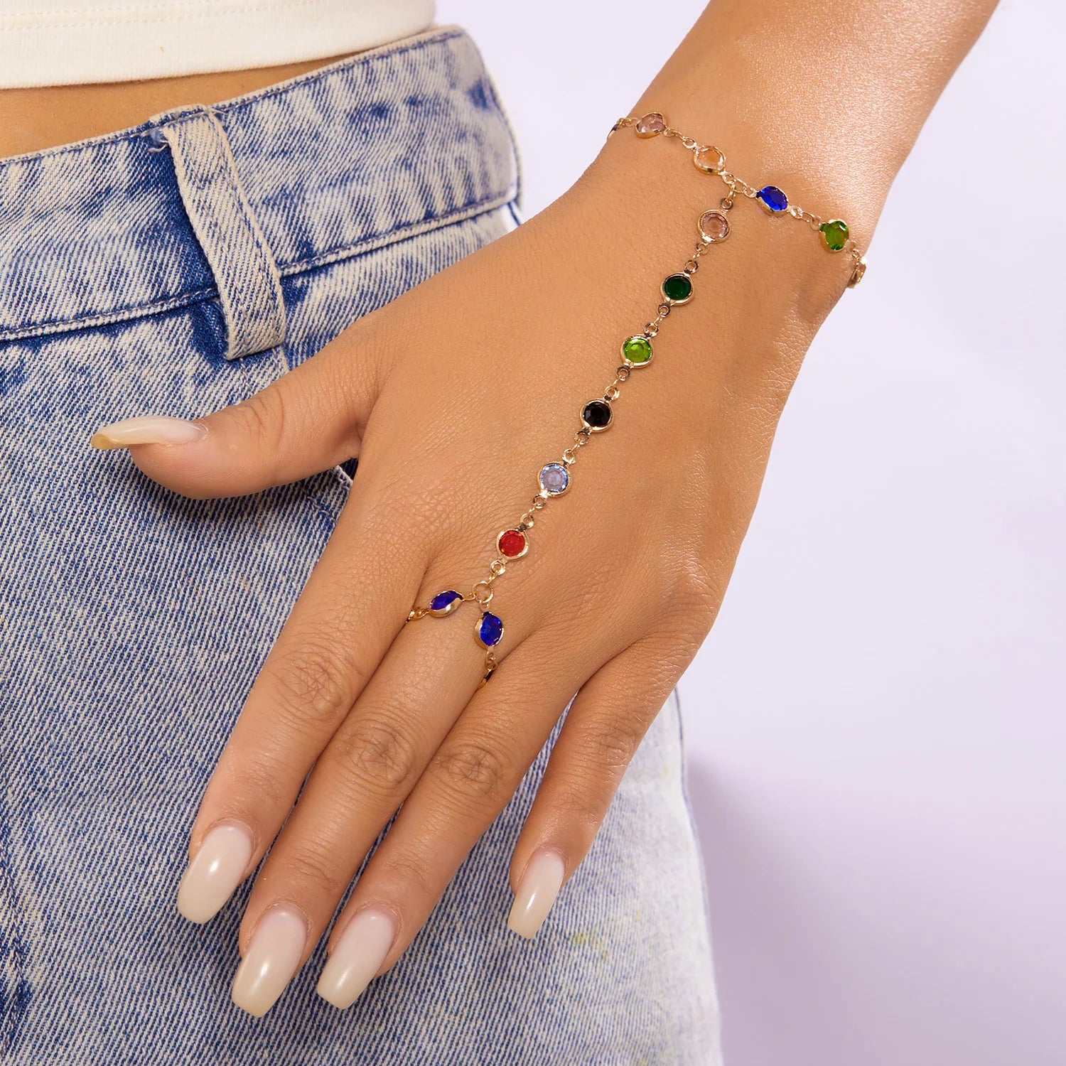 Leichter, luxuriöser, farbenfroher Herzquasten-Kettenring mit Armbandgliedern, ideal für Damen, Hochzeitsschmuck