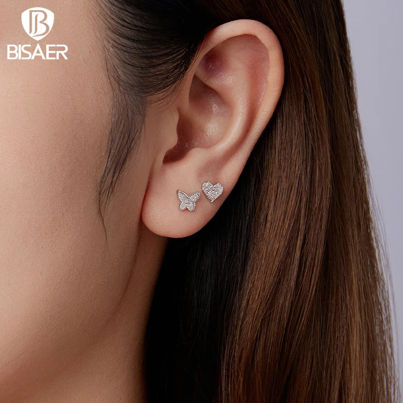 BISAER Real 925 Sterling Silver Dazzling Butterfly Stud Earrings Mini Heart Hypoallergenic Earrings for Girls Party Fine Jewelry