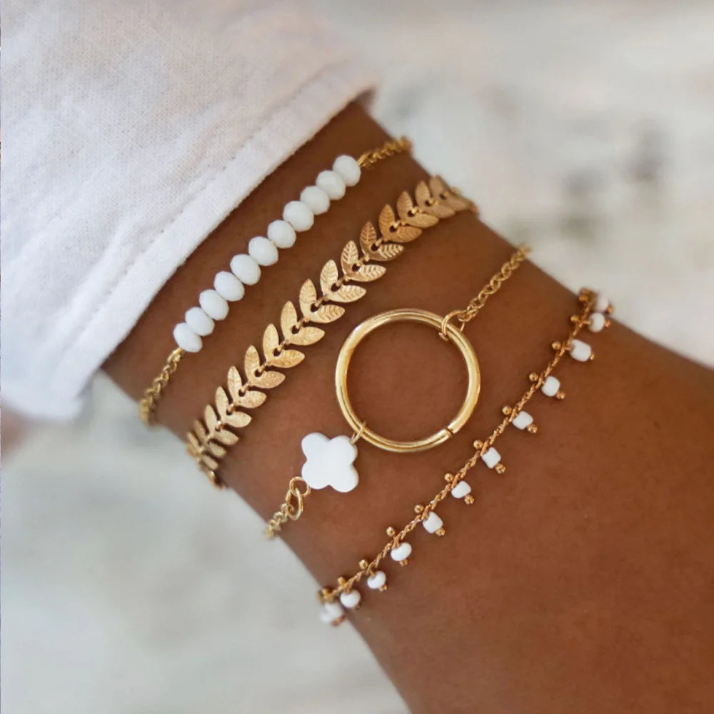 Trendy Geometric Link Chain Bracelet Set For Women Rhinestones Gold Color Leaves Heart Pendant Open Cuff Bangle Girls Jewelry - Madeinsea©