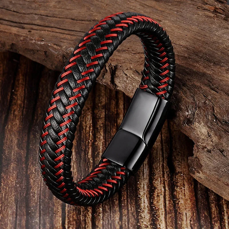 Leather Cord Bracelet Stainless Steel Leather Braided Bracelet Genuine Leather Bracelet Red Bracelet Men'S Cowhide Jewelry - Madeinsea©