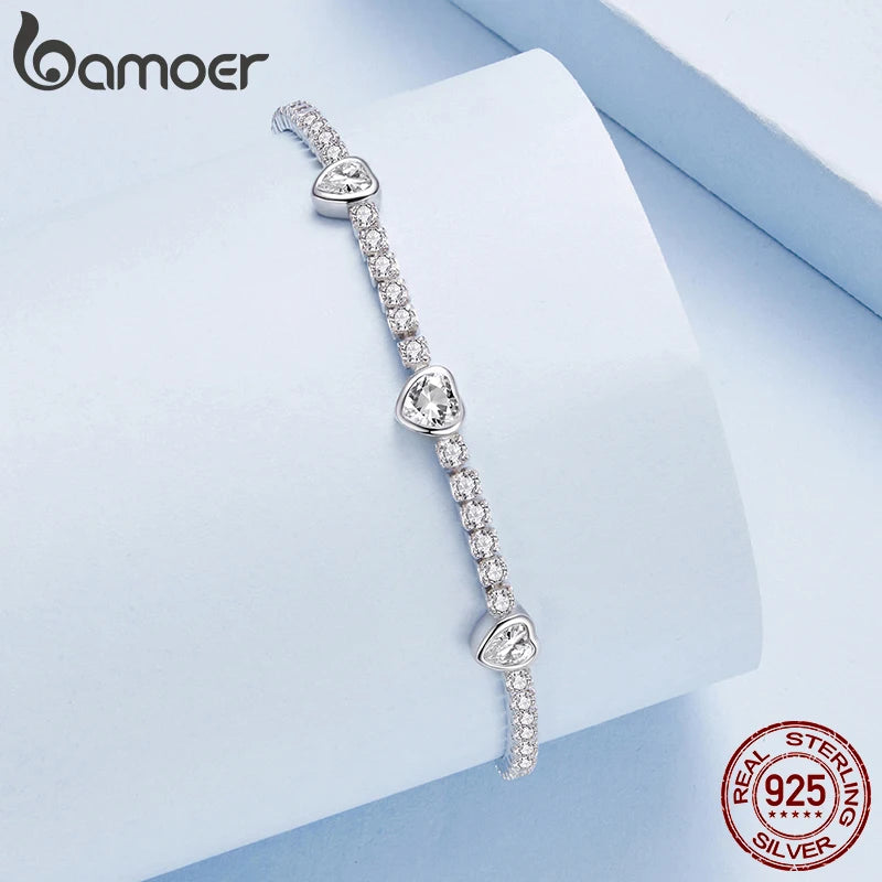 BAMOER 925 Sterling Silver Elegant Heart Bracelets for Women, AAAAA+ CZ Adjustable Chain Tennis Bracelet Jewelry Gifts BSB208