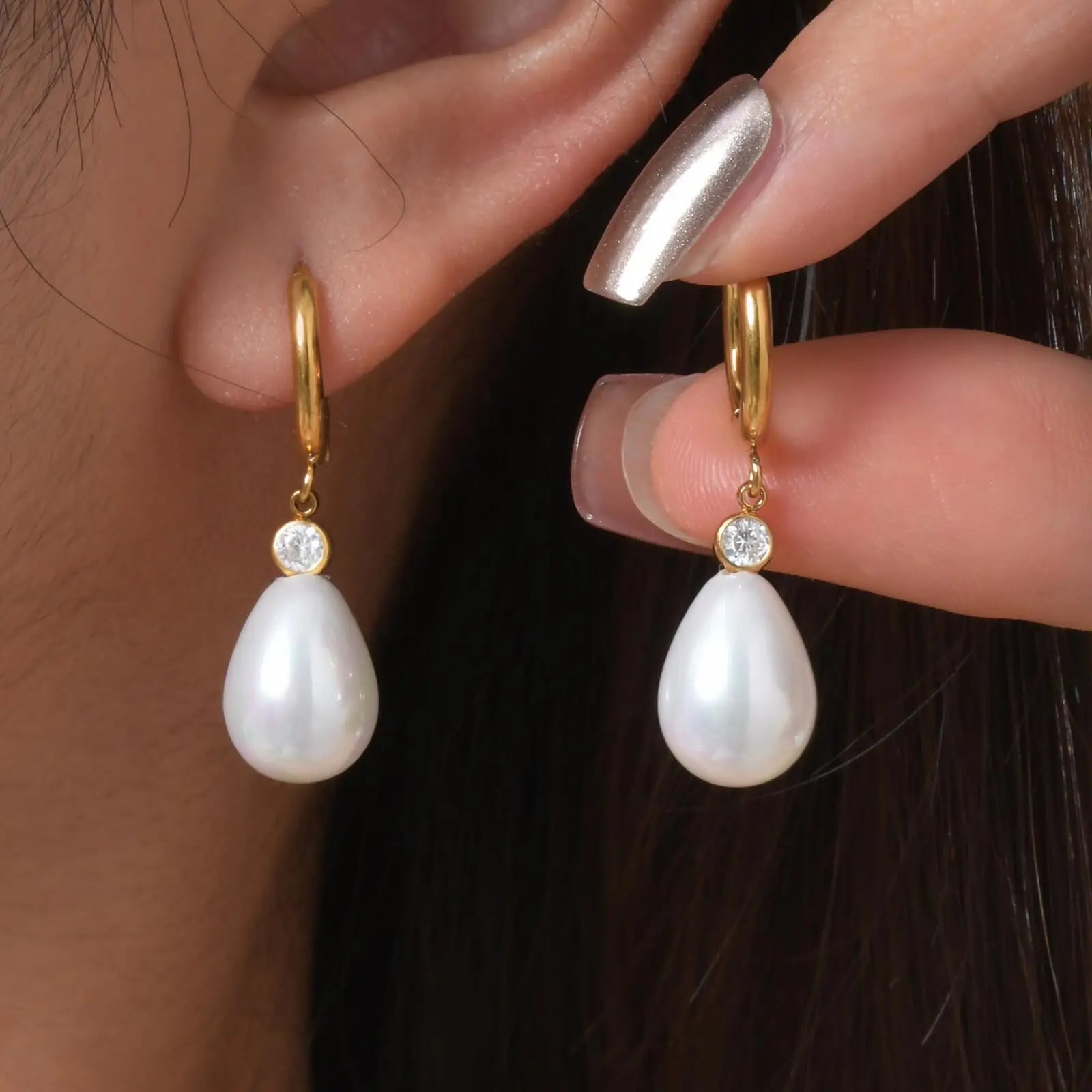 Vnox Charm Geometry Pearl Orchid Drop Earrings For Women Stainless Steel Hoop Classic Ear Jewelry  Wedding Party Gift Earring