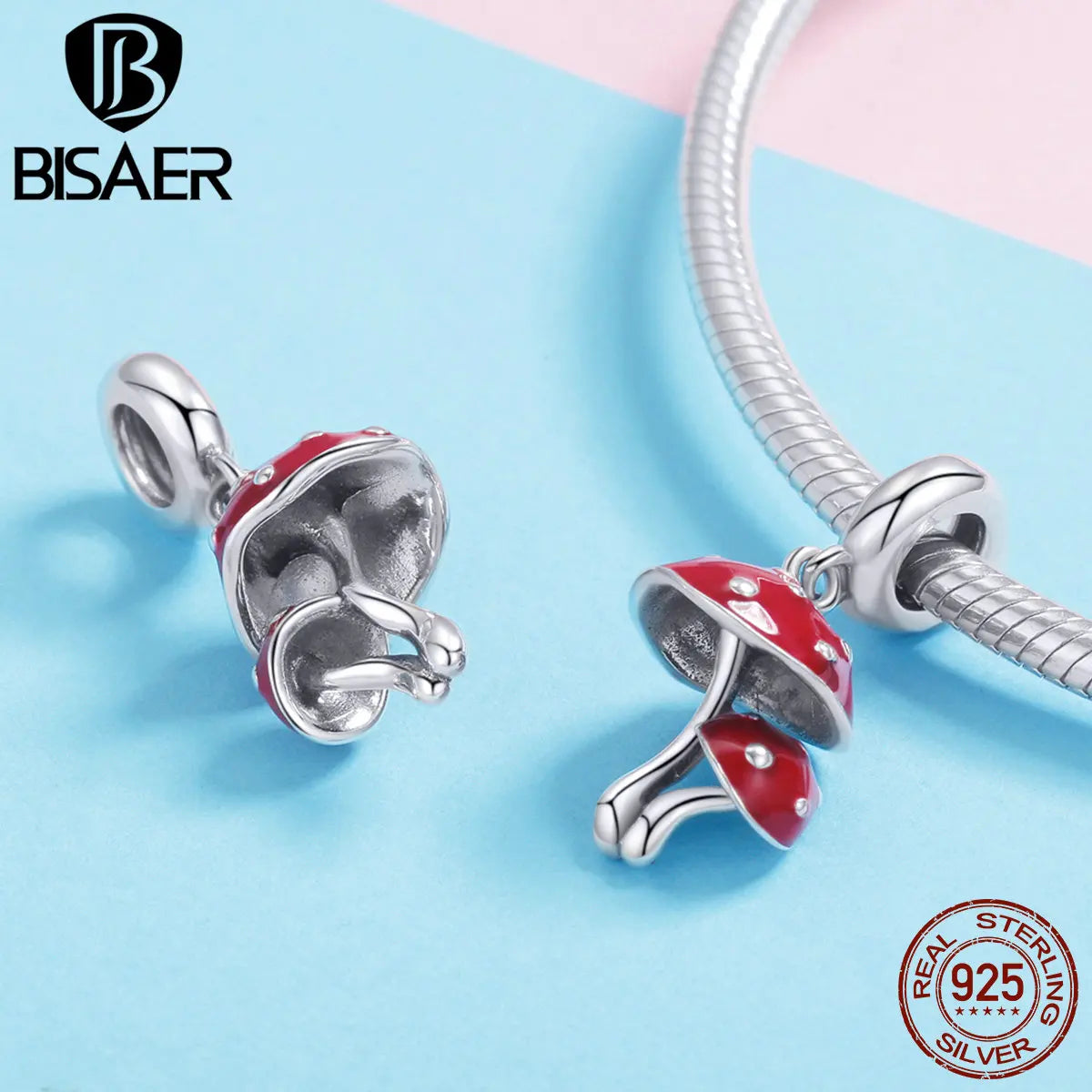 BISAER 925 Sterling Silver Red Love Charm Bead Koi Apple Cherry Mushroom Chili Ace Heart Pendant For Women DIY Bracelet Jewelry