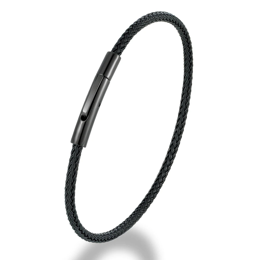 MKENDN Classic Men Women Jewelry Black Non-fading Steel Wire Rope Bracelet Classic Cuff Charm Button Bracelet for Couple Jewelry