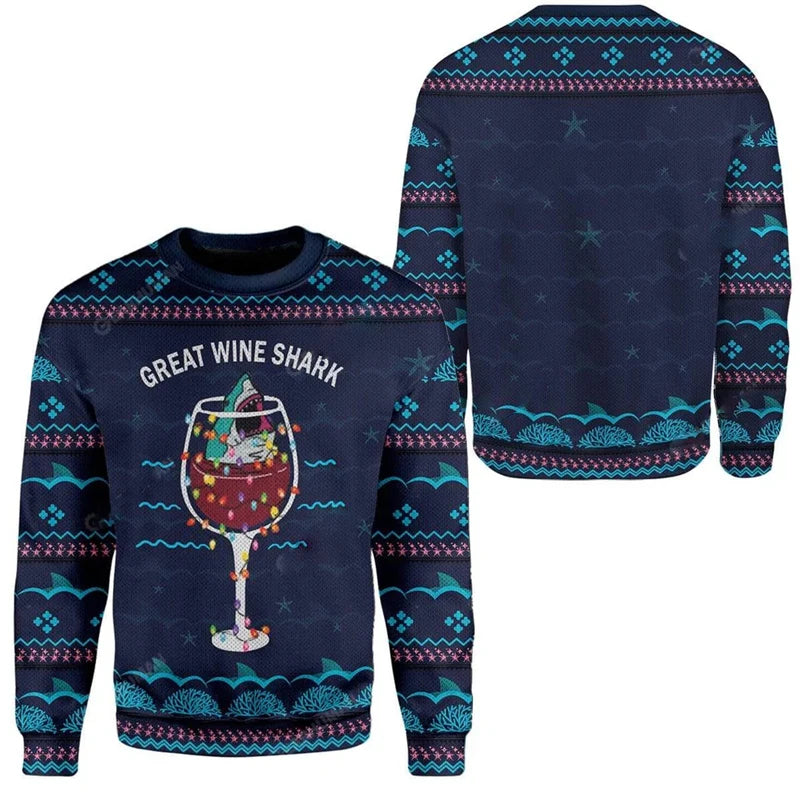 3D Print Wine Graphic Ugly Sweater Couples Family Gatherings Unique Funny Loose Sweatshirts Wine Glass Pattern Hip Hop Sweaters
