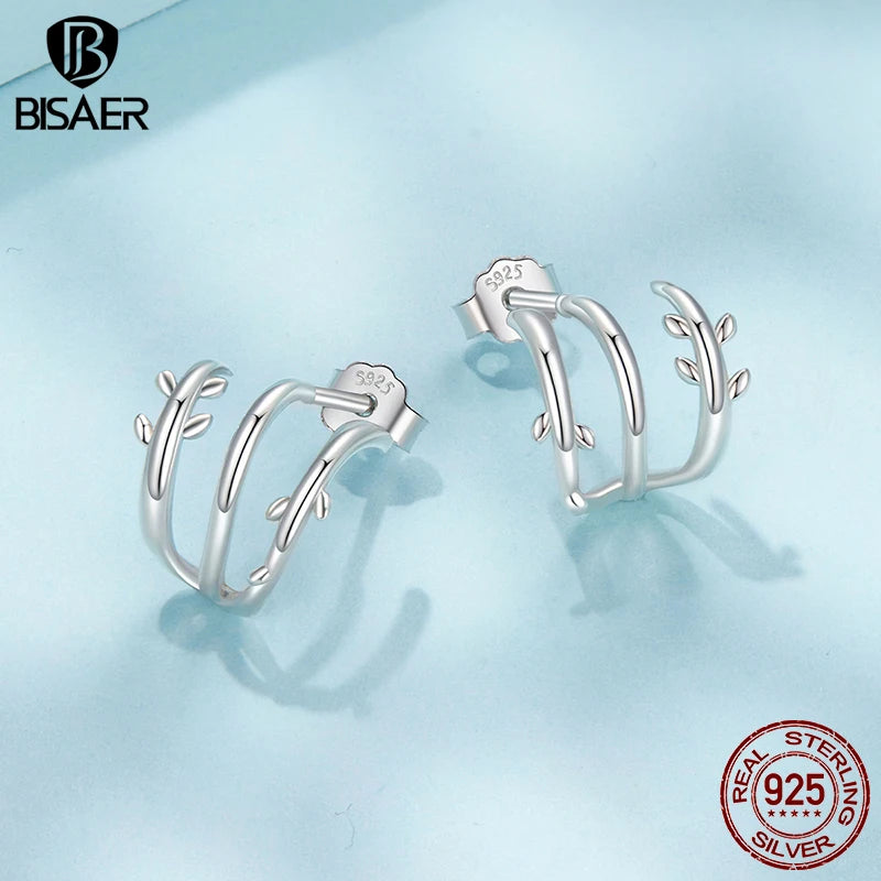 BISAER Solid 925 Sterling Silver Multi-layer Leaves Earrings Simple leaf Stud Earrings for Women Party Fine Jewelry ECE1897