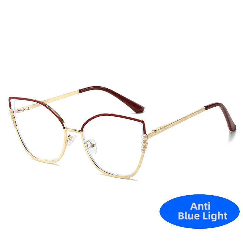 High Quality Metal Computer Glasses Frame Women Men Anti Blue Light Pearl Cat Eye Eyewear Blocking Optical Spectacle Eyeglass