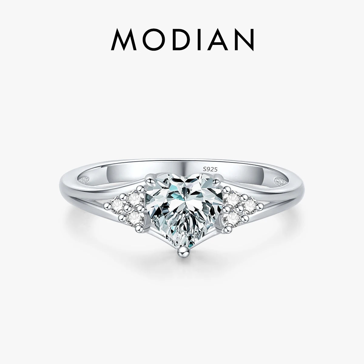 MODIAN 925 Sterling Silver Romantic Heart Love Prong Setting Zirconia Finger Ring For Women Wedding Engagement Anniversary Gift