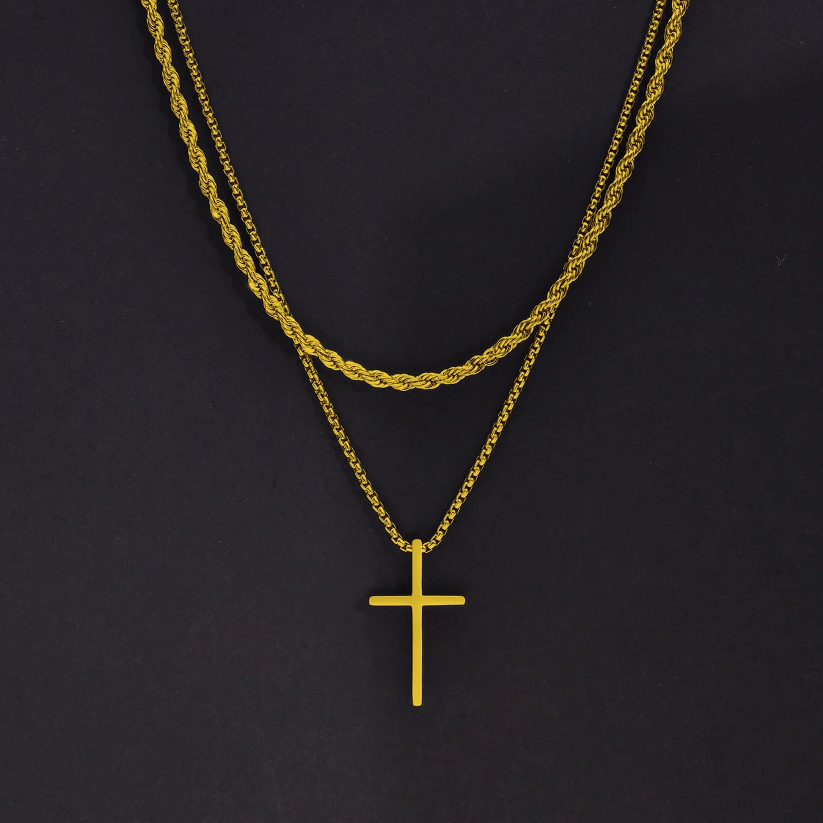 Vnox Mens Cross Necklaces, Stainless Steel Layered Plain Cross Pendant, Rope Box Chain Necklace, Simple Prayer Jesus Collar
