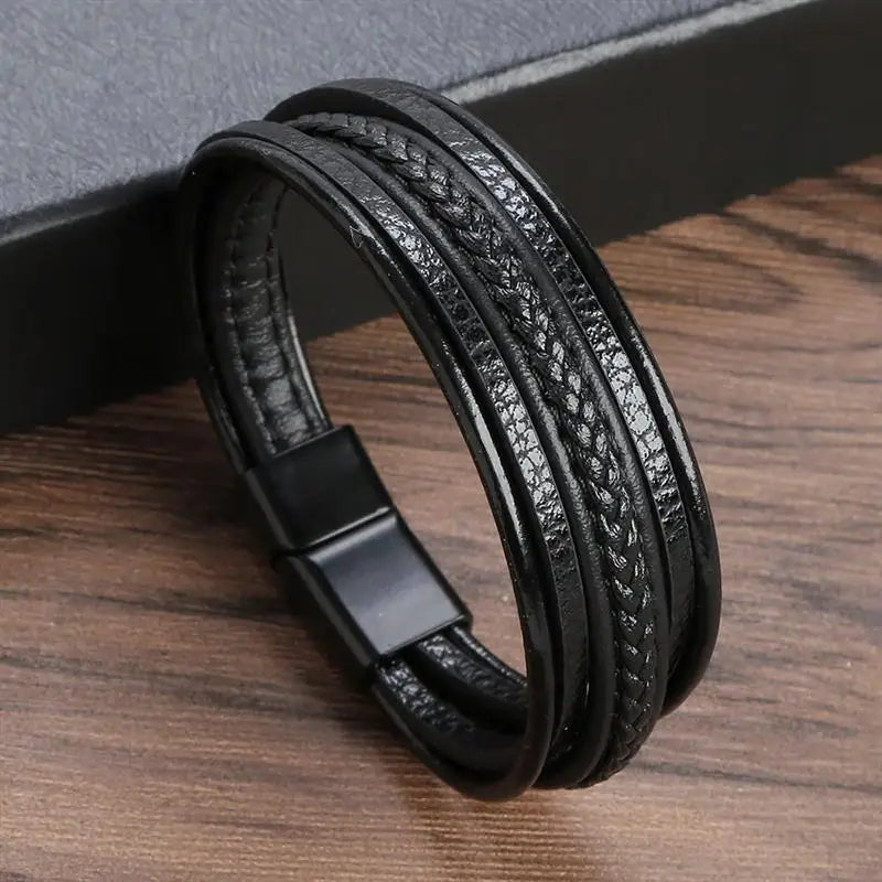 Jiayiqi Fashion Braided Rope Woven Multilayer Leather Men Bracelets Punk Stainless Steel Bangle for Friend Charm Jewelry Gifts