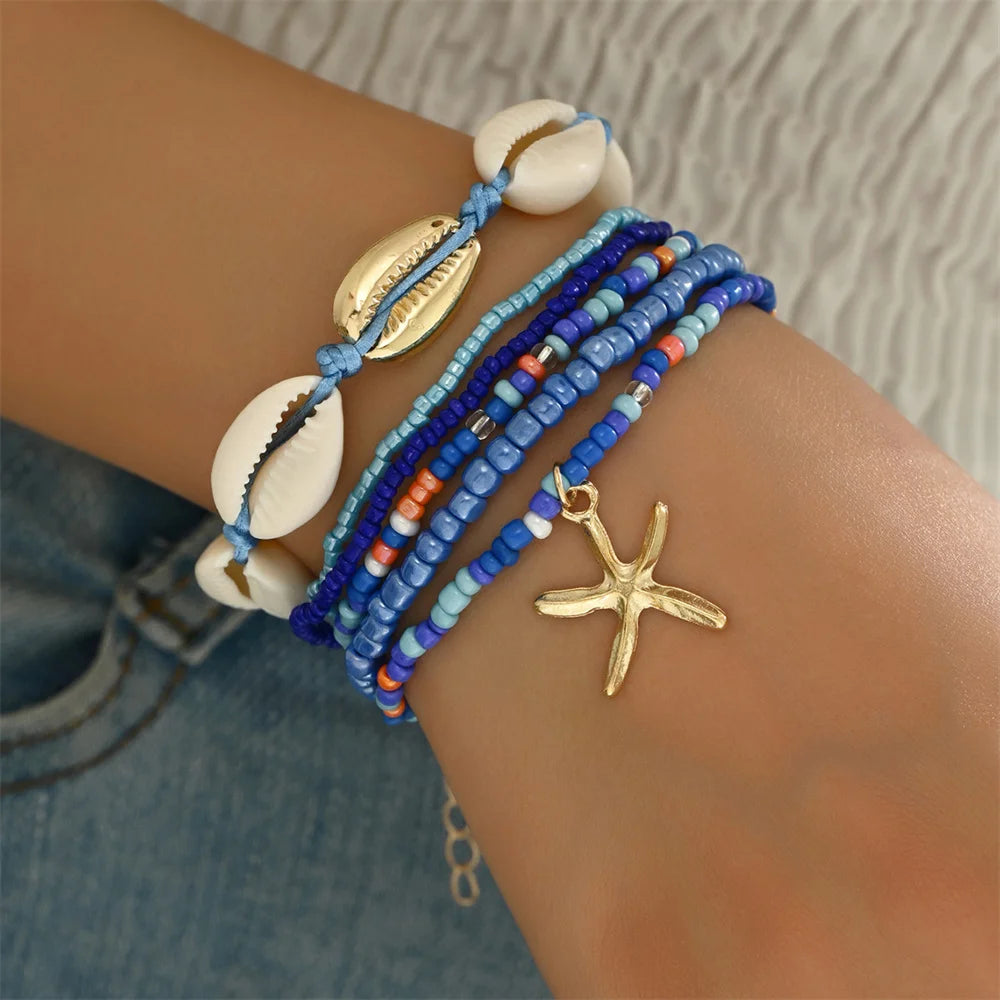 7pcs Bohemian Multilayer Ocean Style Starfish Shell Beads Summer Bracelets For Women Jewelry Perfect For Beach Vacation Festival