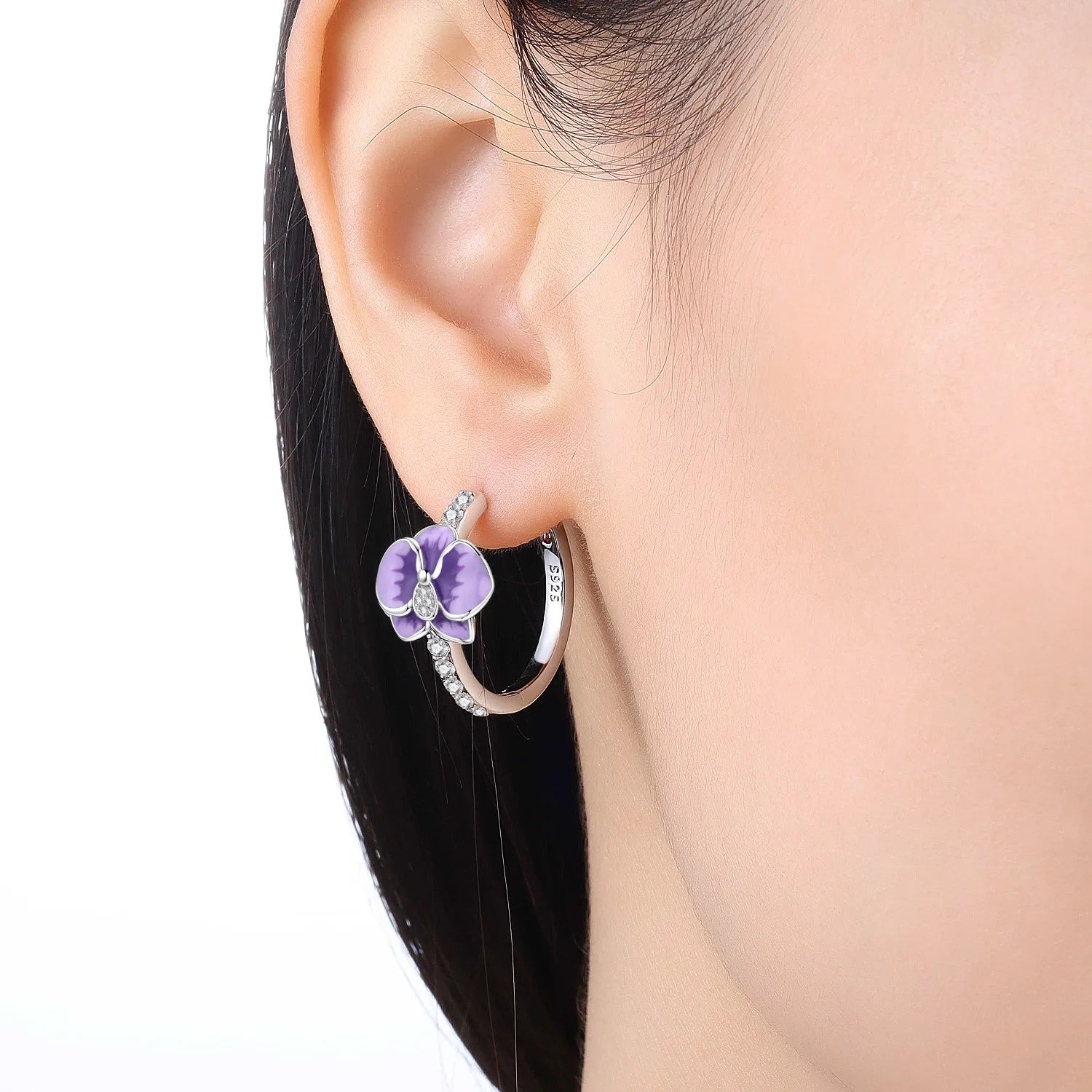 PANPOKI S925 Sterling Silver Purple Orchid Flowers Earrings Versatile Hoop Earrings For Women Jewelry Original Party Gifts
