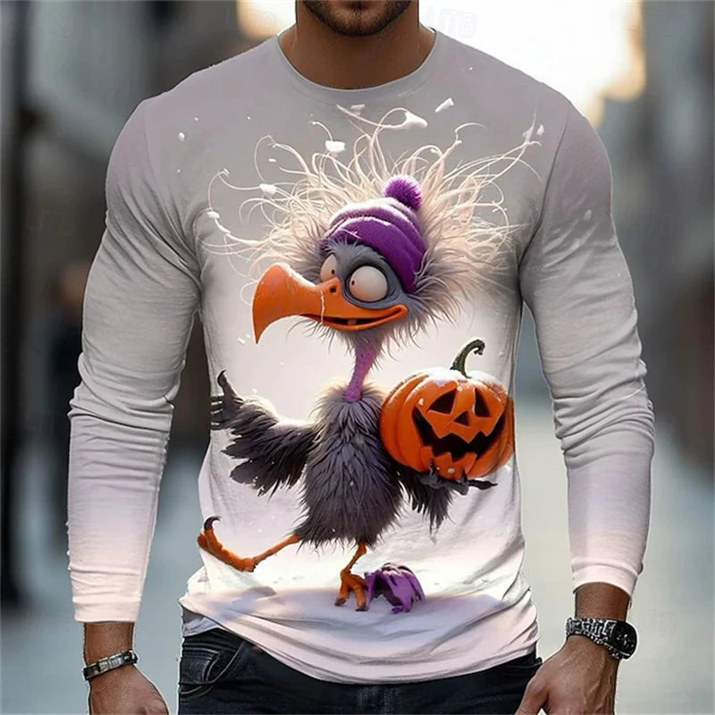 Halloween Men's Animal Cat 3D T-shirt Long-sleeved Men's Round-neck Shirt Fashionable Street Casual Daily Autumn Clothing