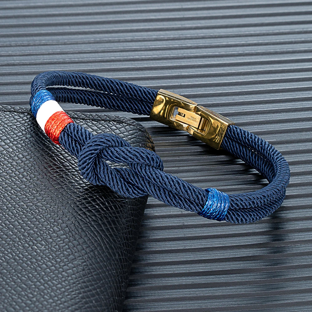 MKENDN Gold Plated Stainless Steel Square Knot Rope Bracelet Men Women Handmade Woven Double-Layer Design France USA Flag Gifts