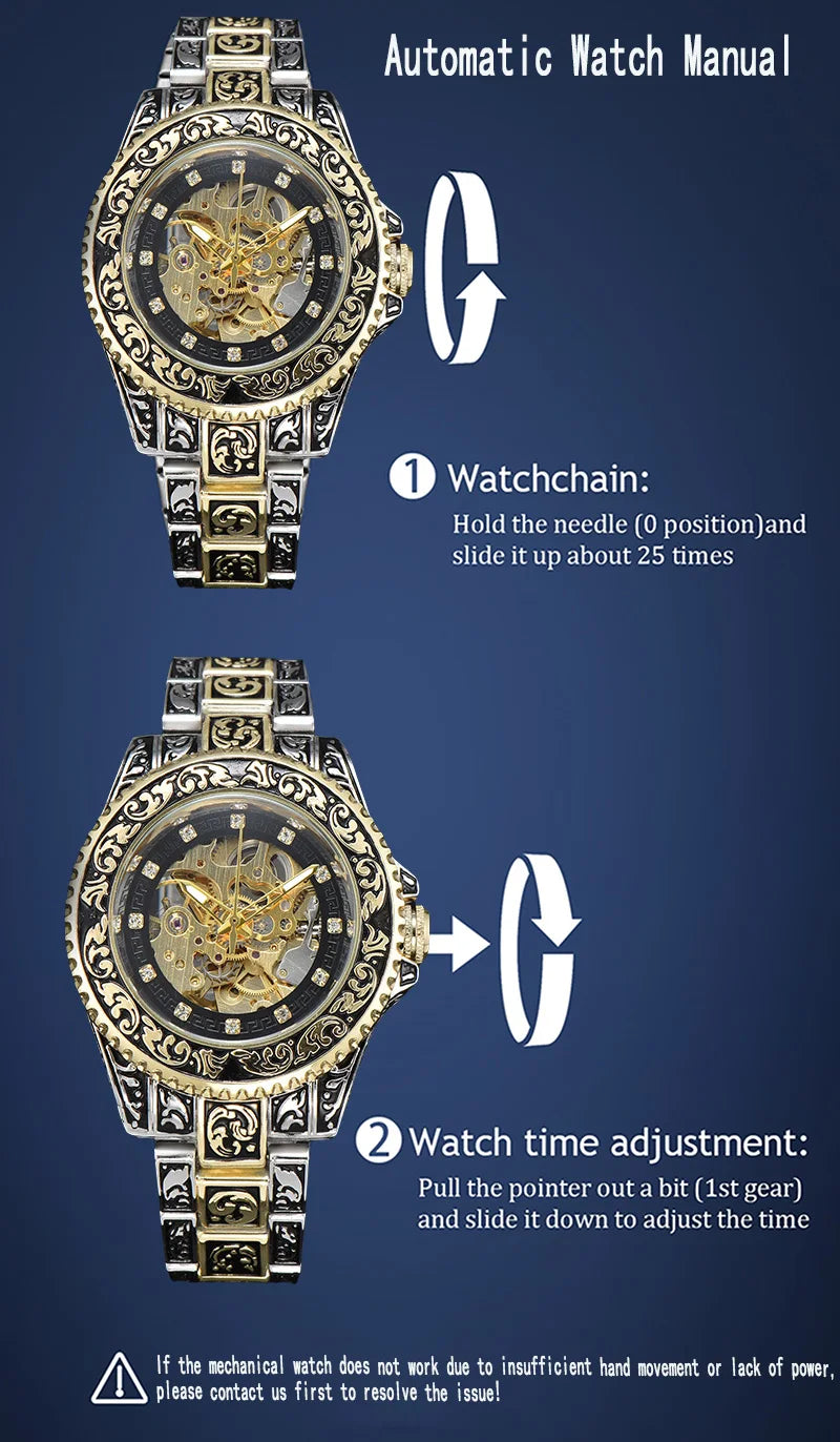 LONGLUX automatic watch retro luxury mechanical watches alloy carve wholesale waterproof no logo mens watch men gift