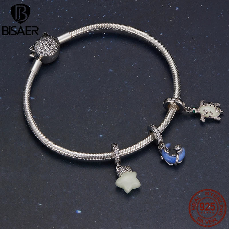BISAER 925 Sterling Forever Luminous Star Wishing Bottle Charm Bead Moon Cat Owl Pendant Fit Women DIY Bracelet Fine Jewelry