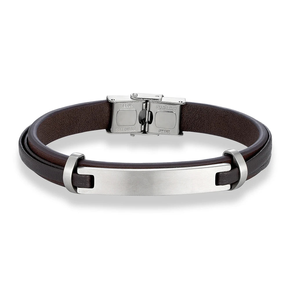 MKENDN Unique Brushed Stainless Steel Genuine Leather Bracelets for Men Women Layered Bangle Causal Pulseira Logo Name Gift