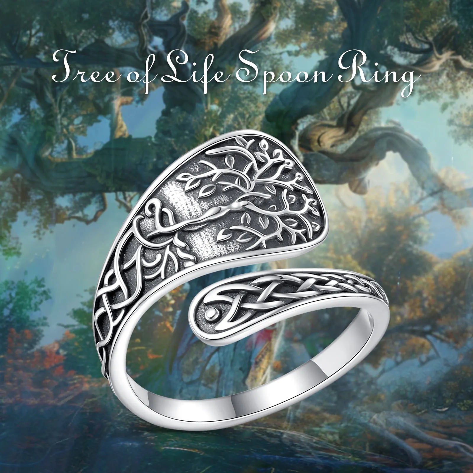 Eudora 925 Sterling Silver Tree of Life Adjustable Ring Vintage Celtic Knot Amulet Spoon Ring Fine Jewelry Gift for Men Women
