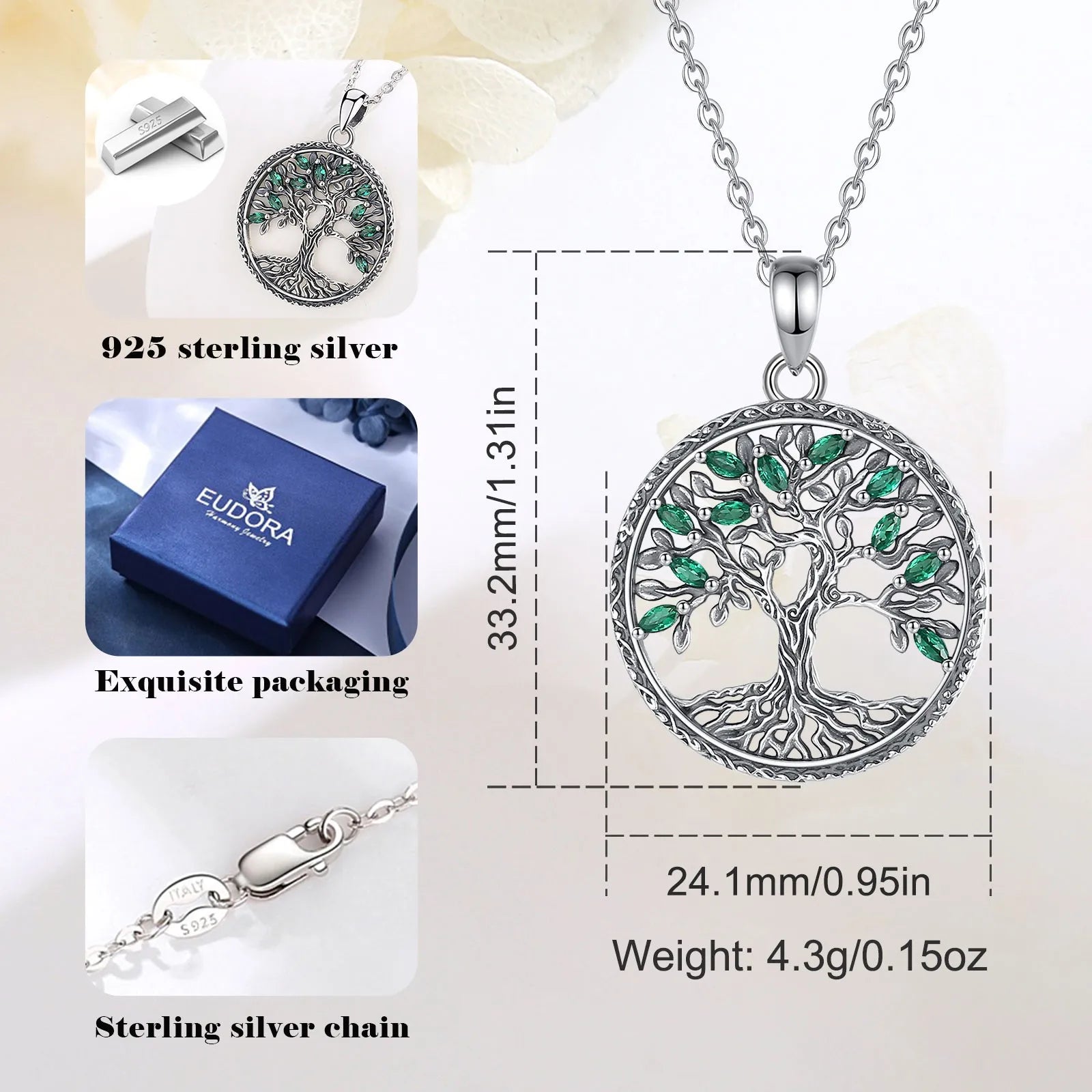 Eudora 925 Sterling Silver Tree of Life Necklace for Women Green Zircon Yggdrasil Pendant Tree Jewelry Gift for Mom and Grandma
