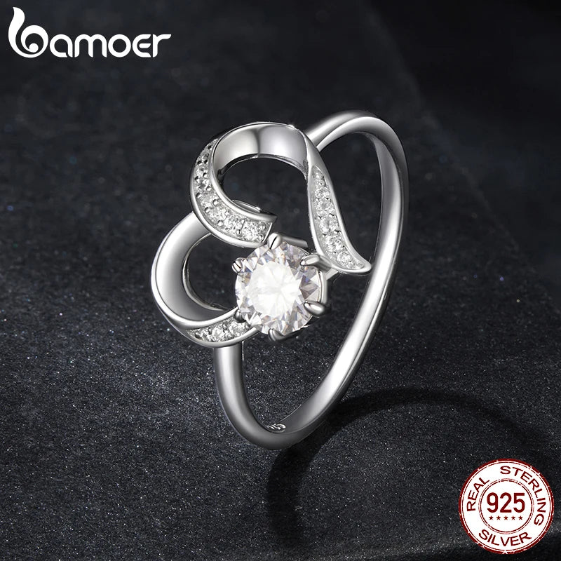 BAMOER Solitär-Herzring aus 925er Sterlingsilber mit Moissanit für Damen, vergoldeter Ehering