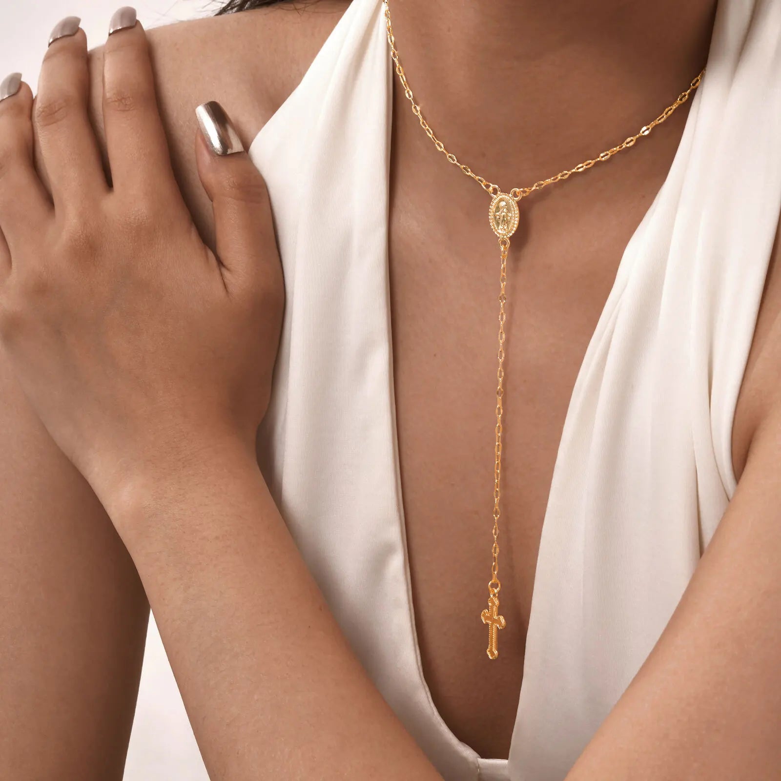 Vnox Classic Religious Necklace For Women Vintage Christian Cross Tail Rosary Pendant Necklace Charm Faith Prayer Jewelry Gifts