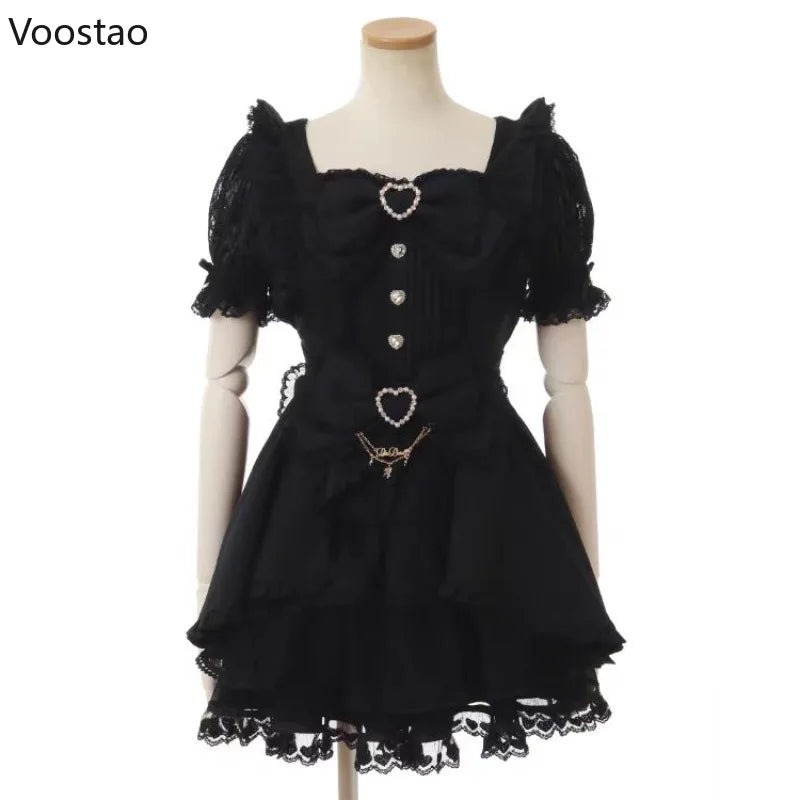 Japanese Sweet Lolita Rhinestone Bow Dress Kawaii Women Y2k Puff Sleeve Button Lace Ruffles Dress Harajuku Cute Party Cake Dress