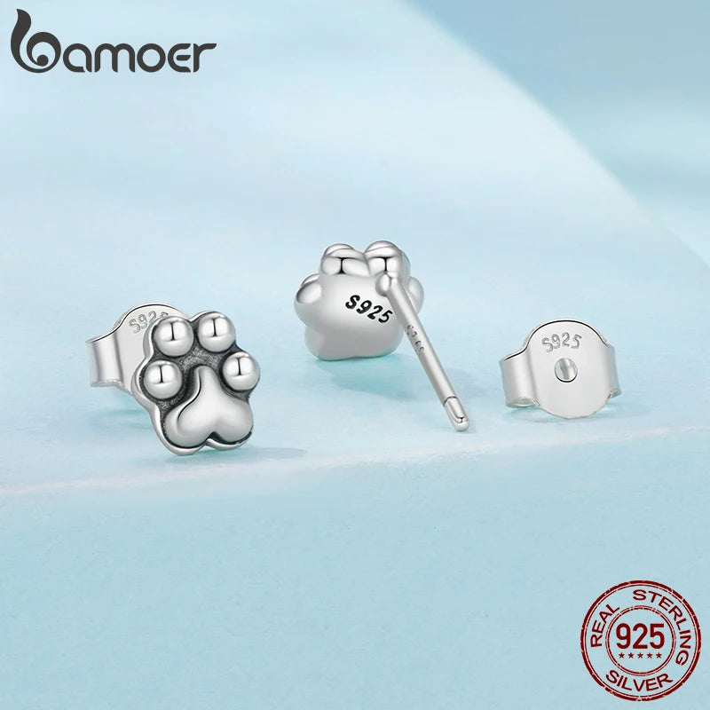 BAMOER 925 Sterling Silver Paw Print Stud Earrings Cute Animal Pierced Earrings for Women Teens Girl Lightweight Jewelry Gift