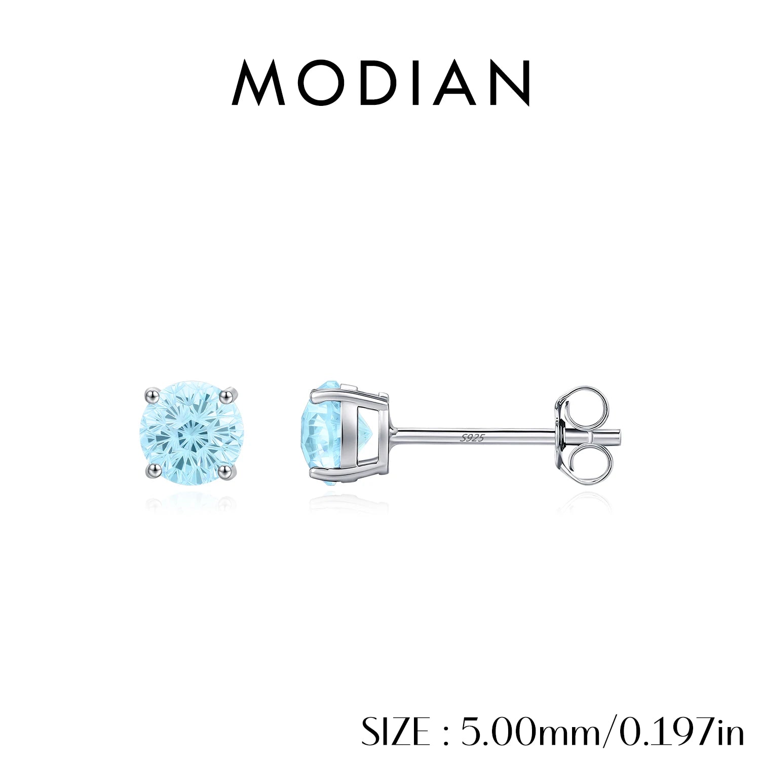 MODIAN 925 Sterling Silver Unisex Light Blue Firework Cut Zirconia Round Studs Earrings For Women And Men Fine Jewelry