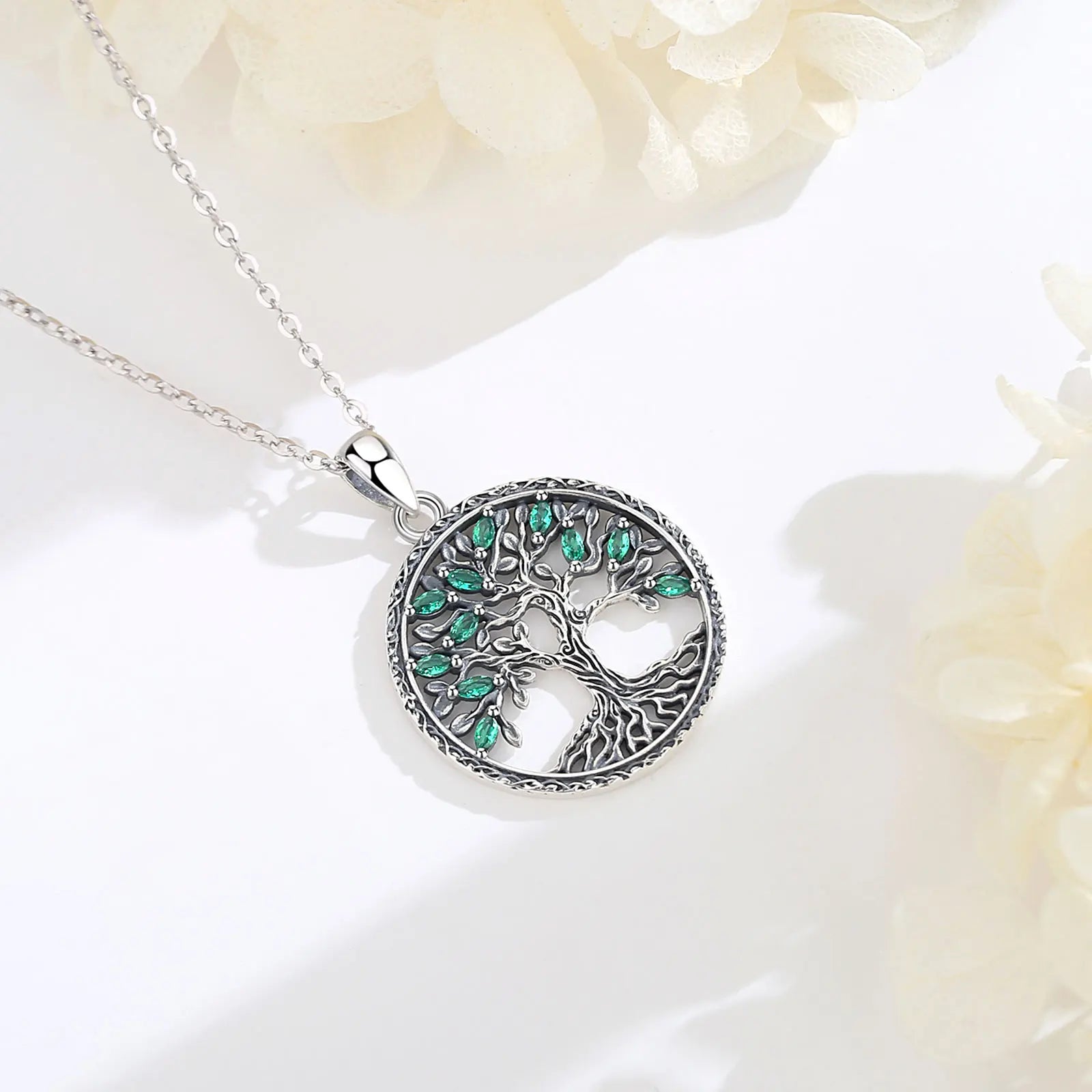 Eudora 925 Sterling Silver Tree of Life Necklace for Women Green Zircon Yggdrasil Pendant Tree Jewelry Gift for Mom and Grandma