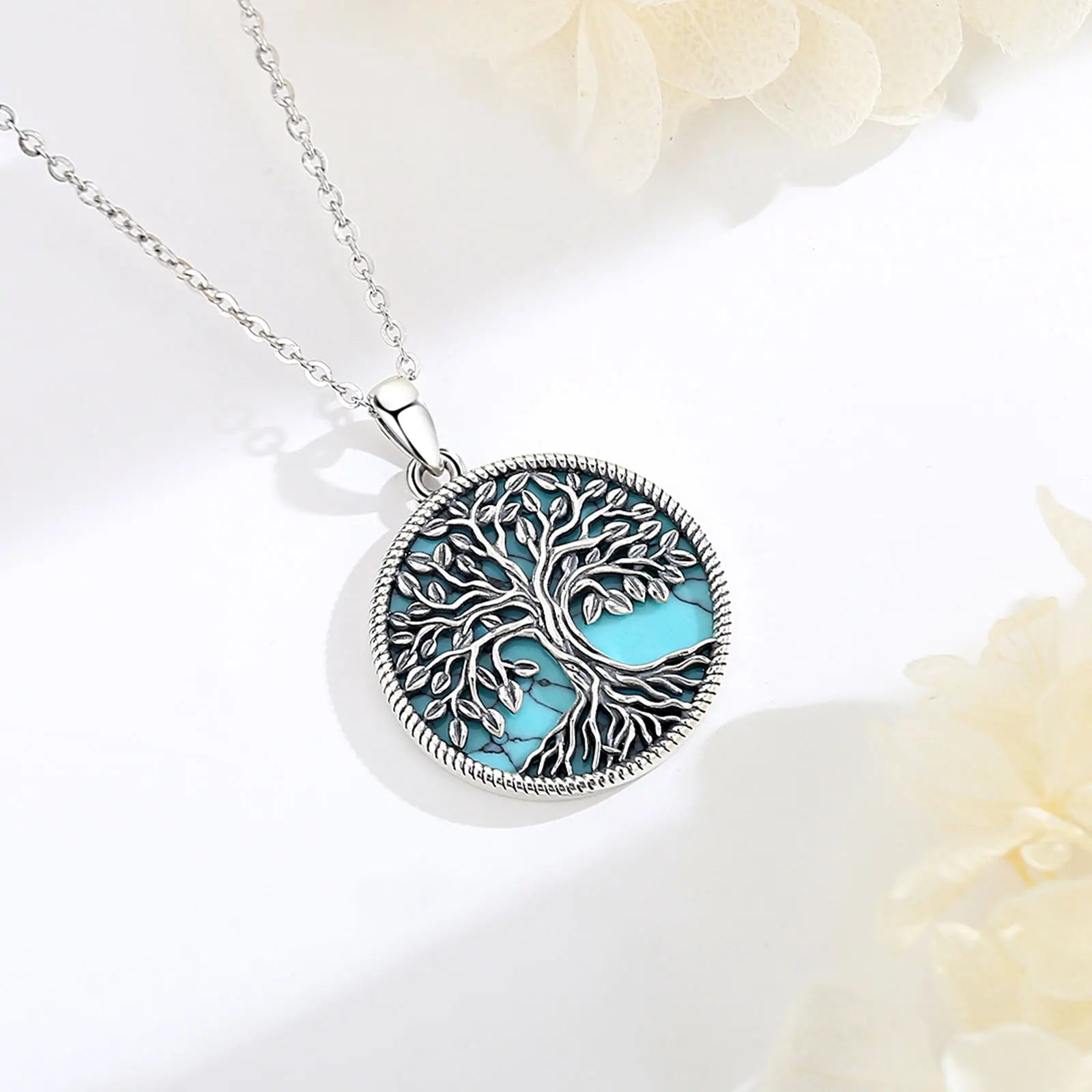 Eudora 925 Sterling Silver Tree of Life Necklace Yggdrasil Turquoise Pendant Silver Tree Jewelry Gift for Mom Grandma Women