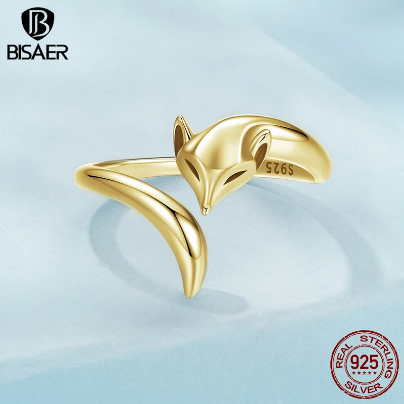 BISAER 925 Sterling Silver Cute Fox Open Ring Smart Animals Band Adjustable Size 5-9 Plated Gold for Women Party Fine Jewelry