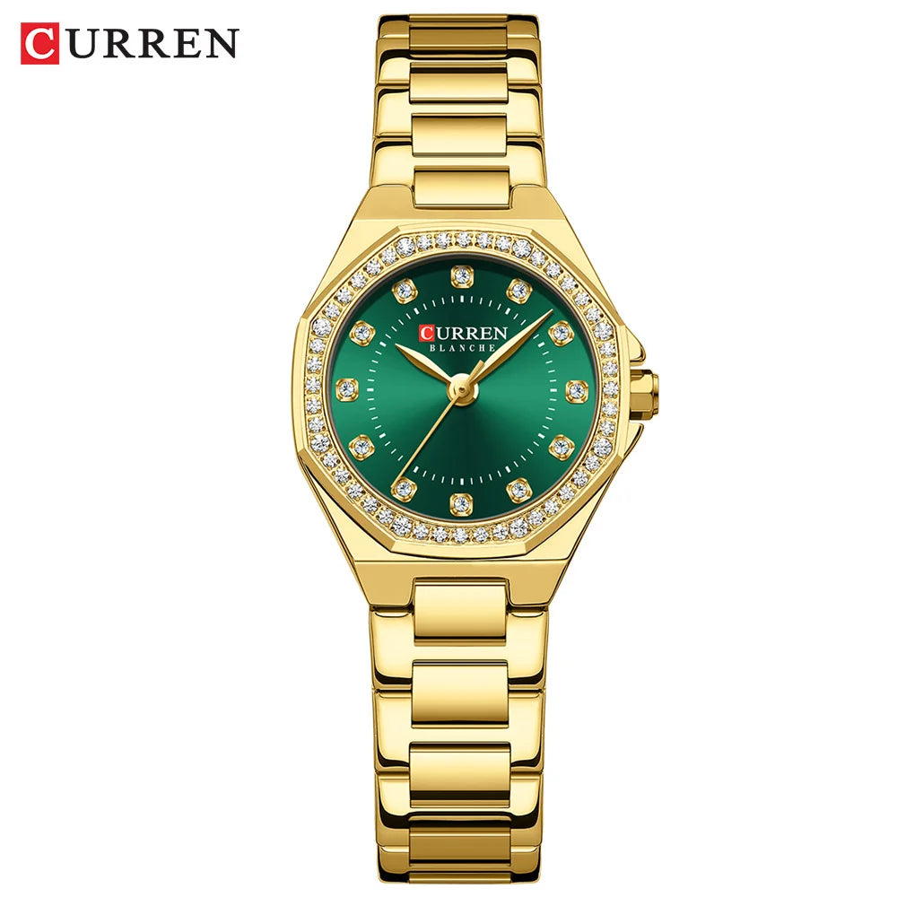 CURREN Luxury Elegance Watch for Women Simple Quartz Wristwatches with Sparkling Rhinestones Stainless Steel Bracelet Waterproof