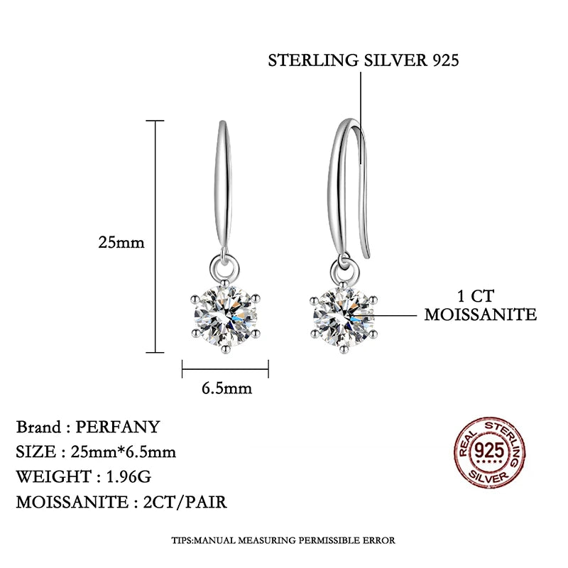 PERFANY 0.5/1CT Moissanite Drop Earring Women S925 Pure Silver Classic Six Claw Laboratory Diamond Fashion Wedding Jewelry - Madeinsea©