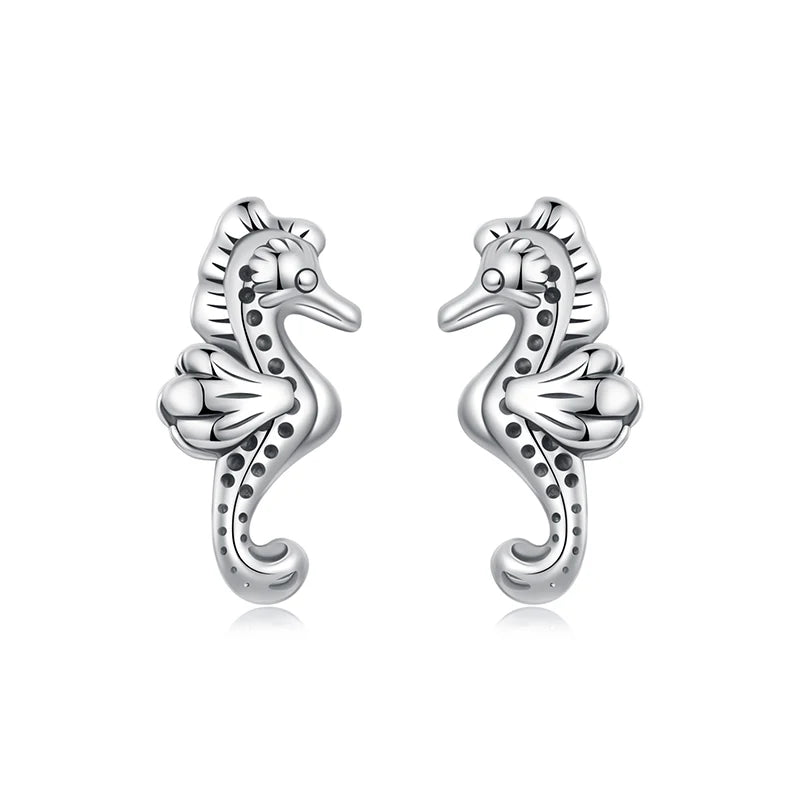 BAMOER 925 Sterling Silver Cute Seahorse Earrings, Small Animal Huggie Stud Earrings Jewelry Gifts for women Teen Girls SCE1871