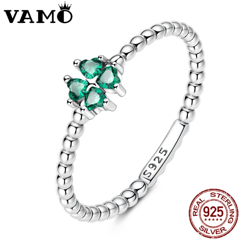 VAMO Original 925 Sterling Silver Woman Rings Vintage Dewdrop Clover Rings Sparkling Wedding Rings Girls Jewelry Anniversary