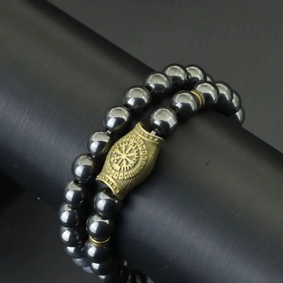 2Pcs Retro Viking Bracelet Set Men 8mm Volcano Howlite Hematite Stone Healing Braslet Meditation Yoga Prayer Strand Braclet Gift