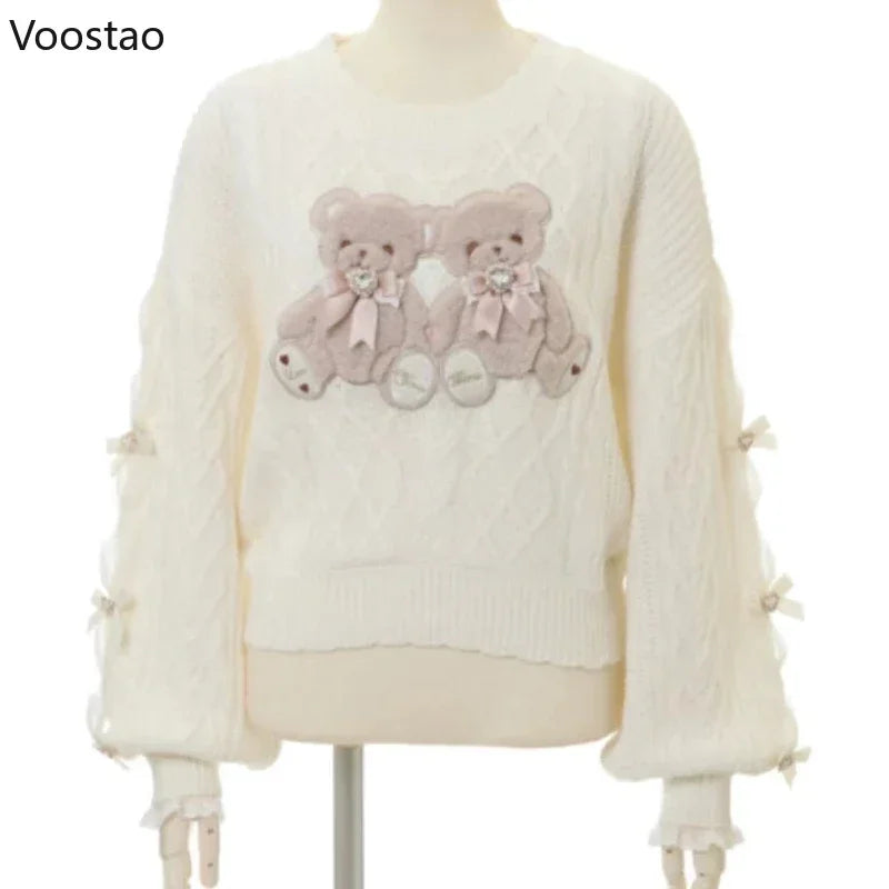Sweet Lolita Cartoon Plush Bear Bunny Knitted Pullovers Women Harajuku Bow Pearl Ribbon Sweaters Japanese Girls Knitwear Tops - Madeinsea©