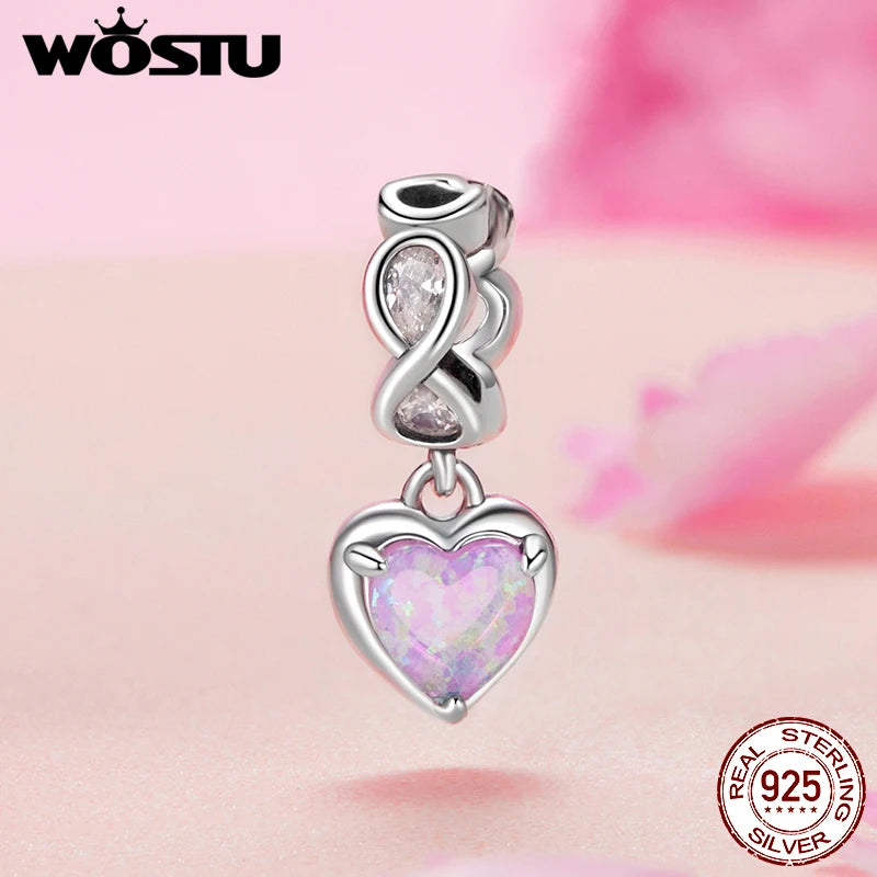 WOSTU Mom's Jewelry Gift 925 Sterling Silver Pink Opal Inifinite Love Charm Pendant Heart Puzzle Beads Fit Bracelet DIY Making