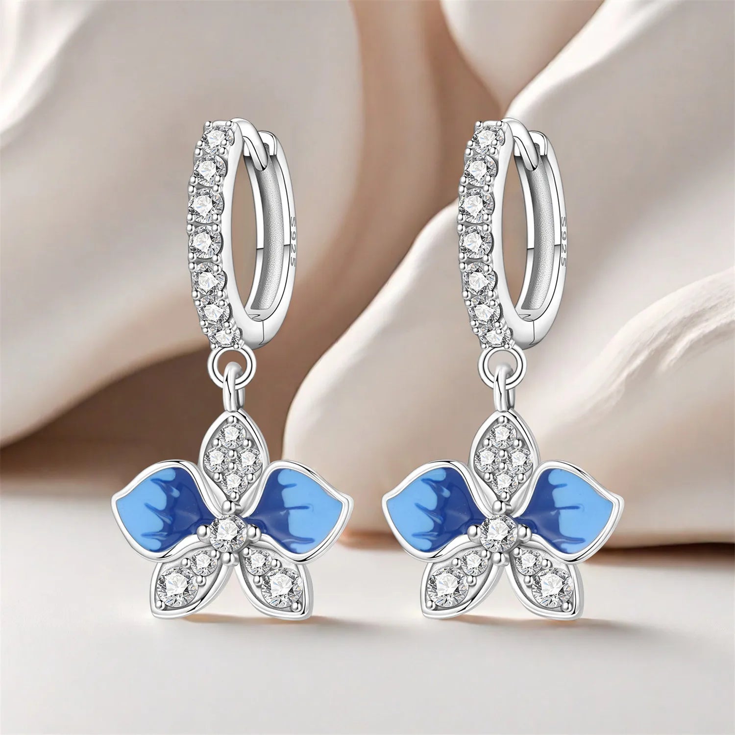 PANPOKI 925 Sterling Silver Blue Butterfly Orchid Earrings Original Jewelry Drop Earrings Jewelry Party Anniversary Trendy Gift