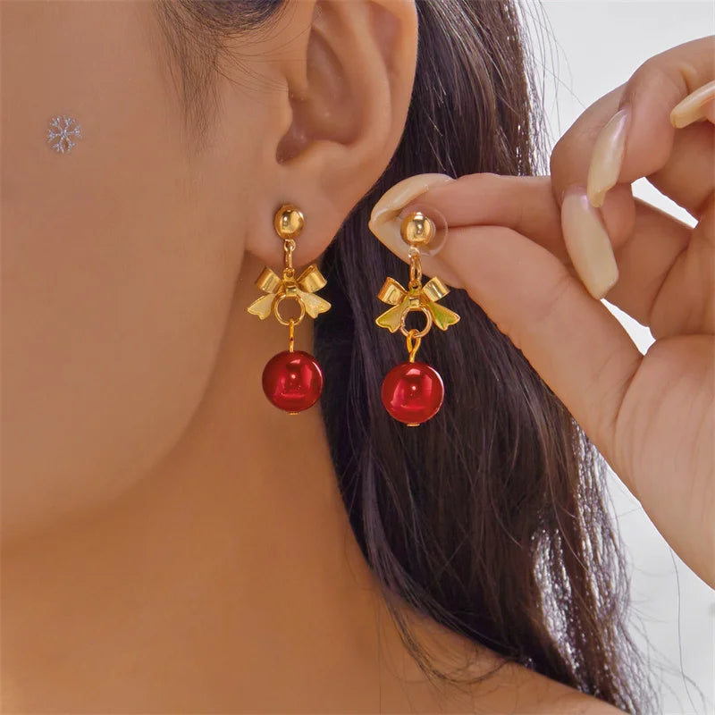 Christmas Red Green Bells Drop Earring For Women Elegant Bowknot Leaf Bell Long Tassel Chain Earrings Girls New Year Gift