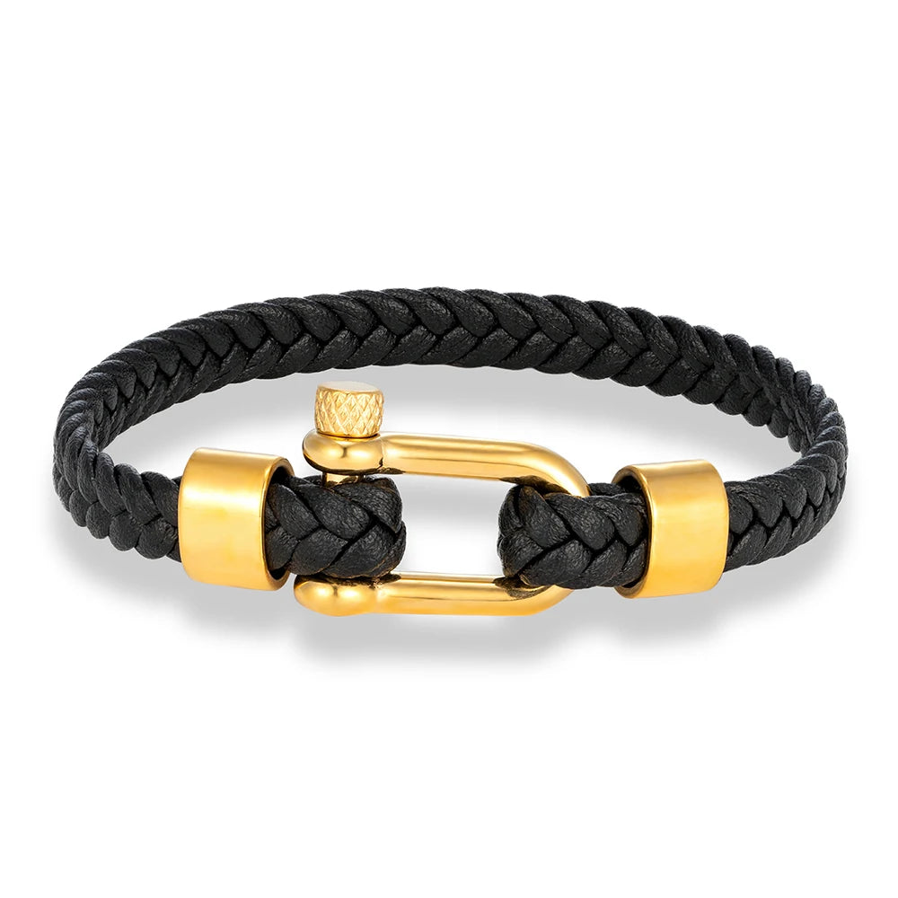 MKENDN Punk Gold Plated Stainless Steel U-shape Shackle Bucklae Bracelets Black Blue Braided Leather Bracelet Homme Pulseras