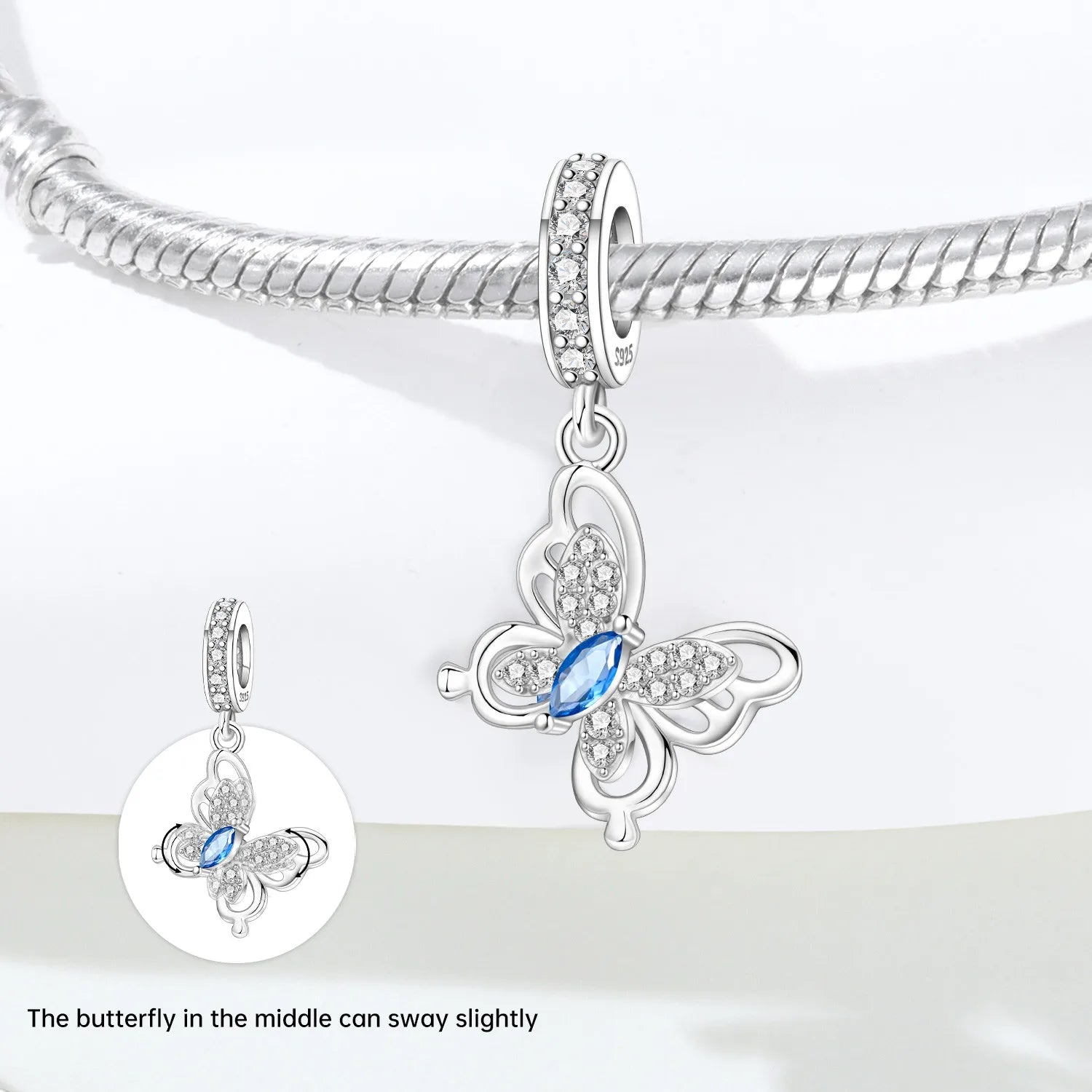 PANPOKI 925 Sterling Silver Rotating Butterfly Insect Beads Original Pendants Bracelet Charm Jewelry Party DIY Trendy Gifts