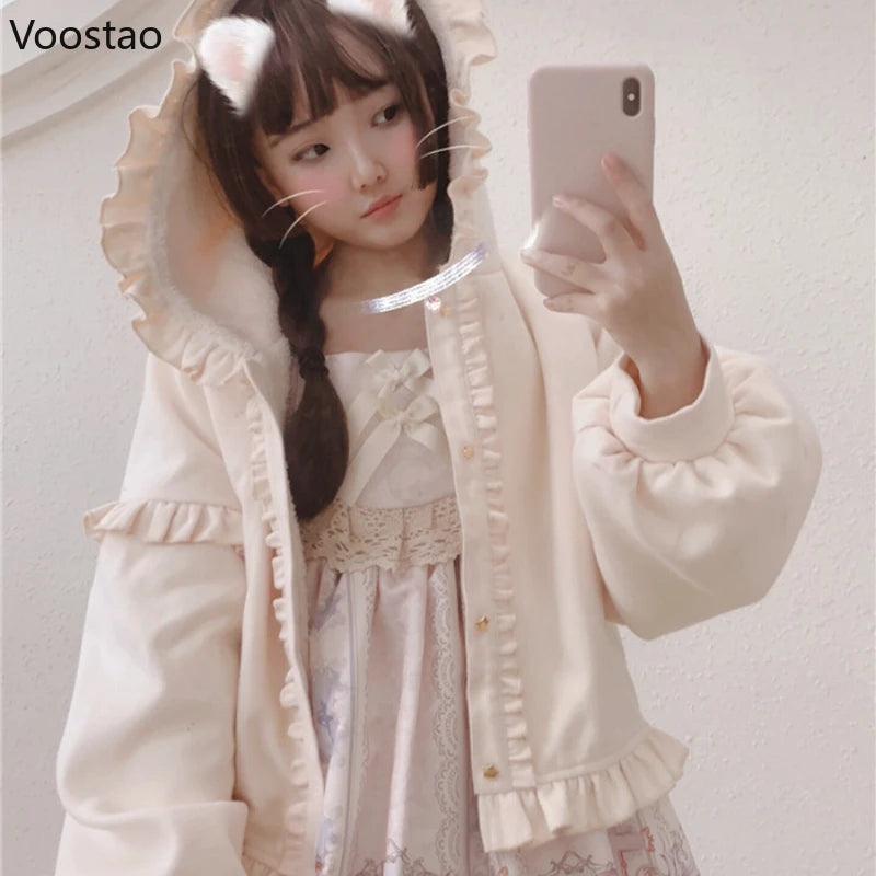 Sweet Lolita Women Jacket Japanese Kawaii Hooded Ruffles Coat Vintage Autumn Winter Tops Warm Outwear Japanese Fashion Jackets