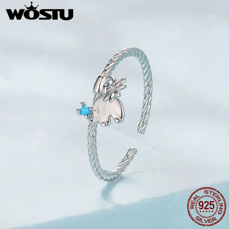 WOSTU Ring aus massivem 925er Silber mit niedlichem Elefantenmotiv und gedrehtem Seilmuster, offener Ring für Damen, verstellbarer Ring mit türkisfarbenem Tiermotiv, feines Geschenk zum Mädchengeburtstag