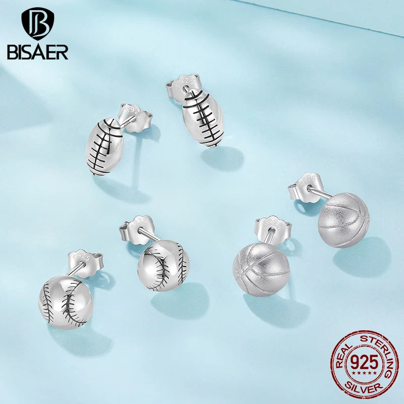 BISAER 925 Sterling Silver Ball Stud Earrings Basketball Baseball Football Volleyball Stud Ear for Women Party Fine Jewelry Gift