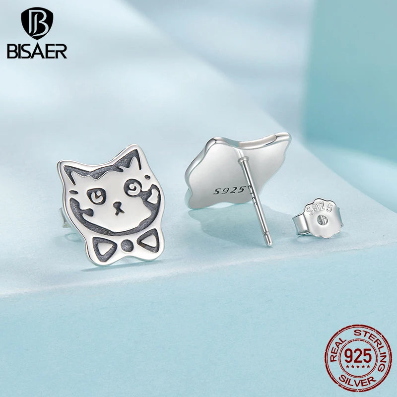 BISAER Real 925 Sterling Silver Cute Bowtie Cat Sud Earrings Lovely Pet Animals Stud Ear for Women & Girls Party Fine Jewelry