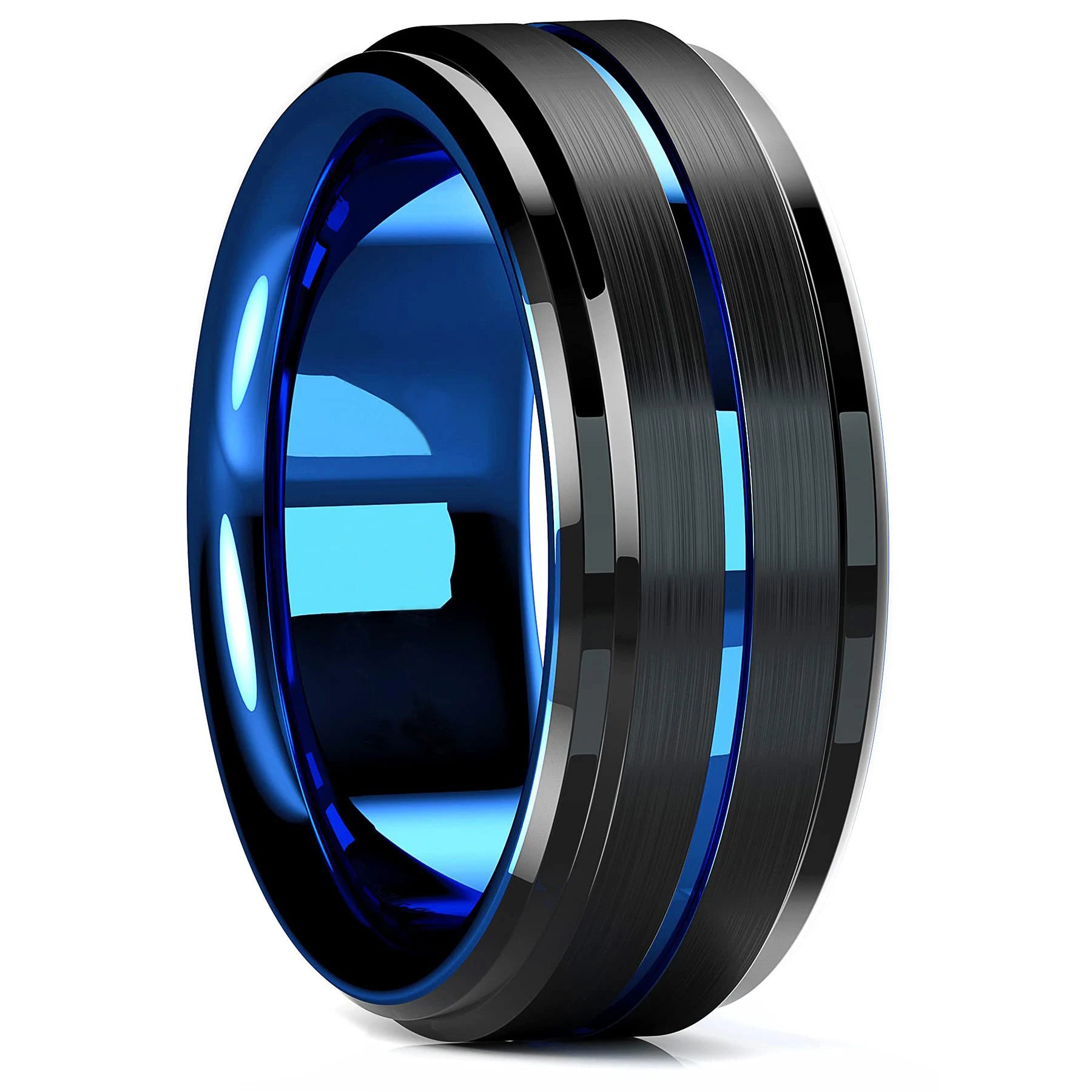 Trendy 8mm Men Frosted Stainless Steel Rings Silver Color Brushed Groove Beveled Edge Engagement Rings For Men Wedding Jewelry